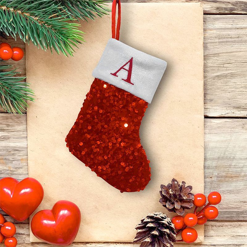 Embroidery Xmas Ornaments - Kırmızı Pullu Noel Çorabı A Harfi